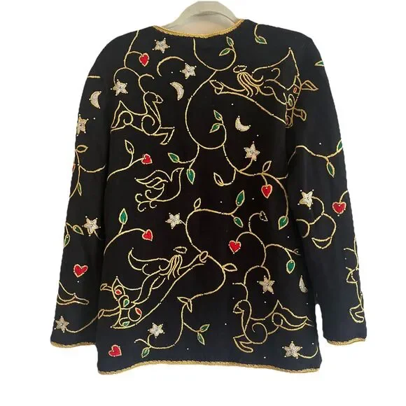 Vintage 1998 Michael Simon Christmas Cardigan Womens L Black Gold Trim Beaded - Picture 2 of 14